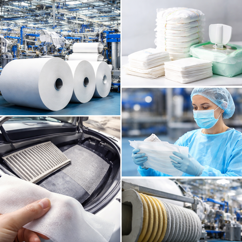 Global nonwoven fabrics industry applications including manufacturing rolls, hygiene products, automotive filters, and industrial filtration materials