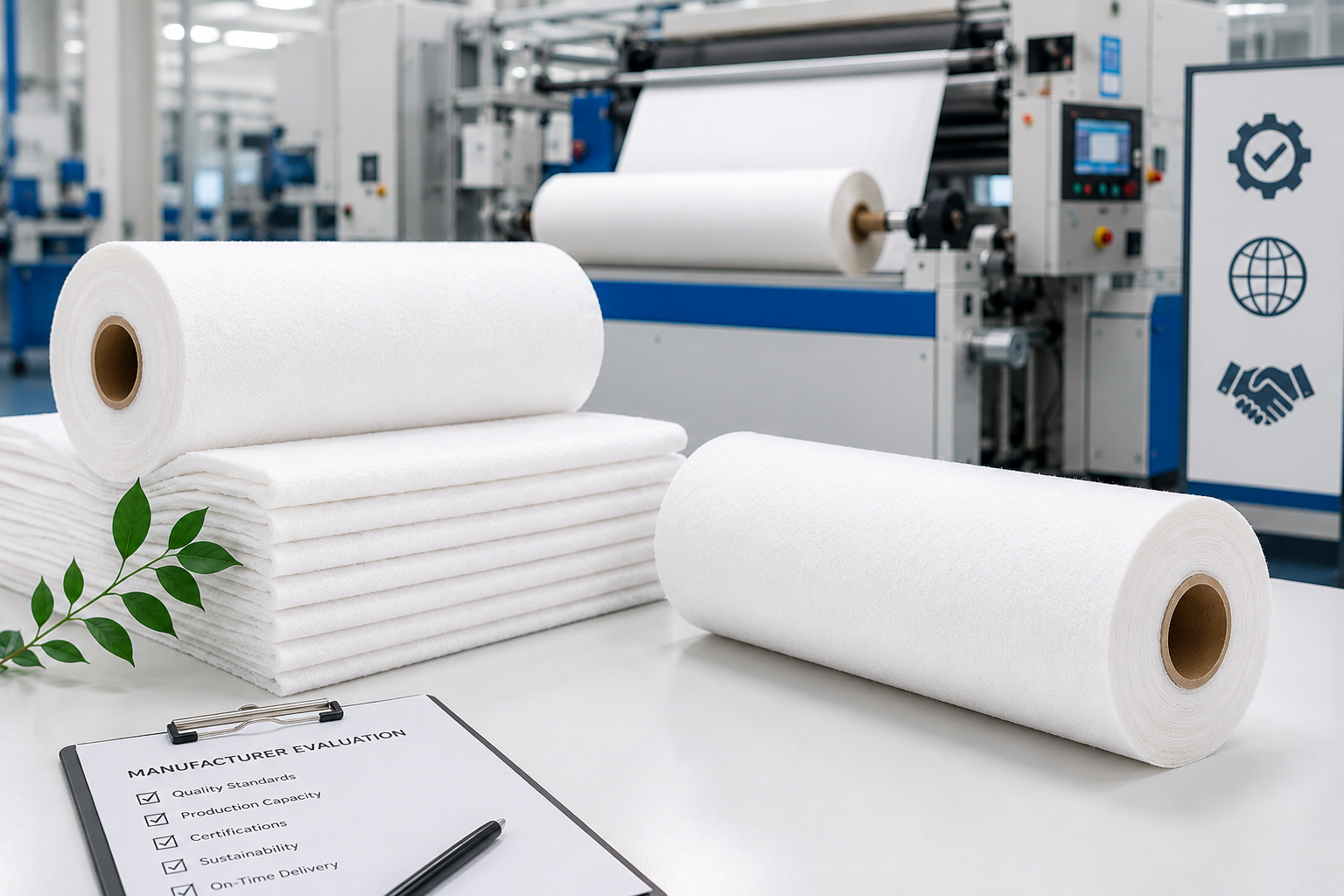 White spunlace nonwoven fabric rolls on a production line, representing a nonwoven fabric manufacturer's o