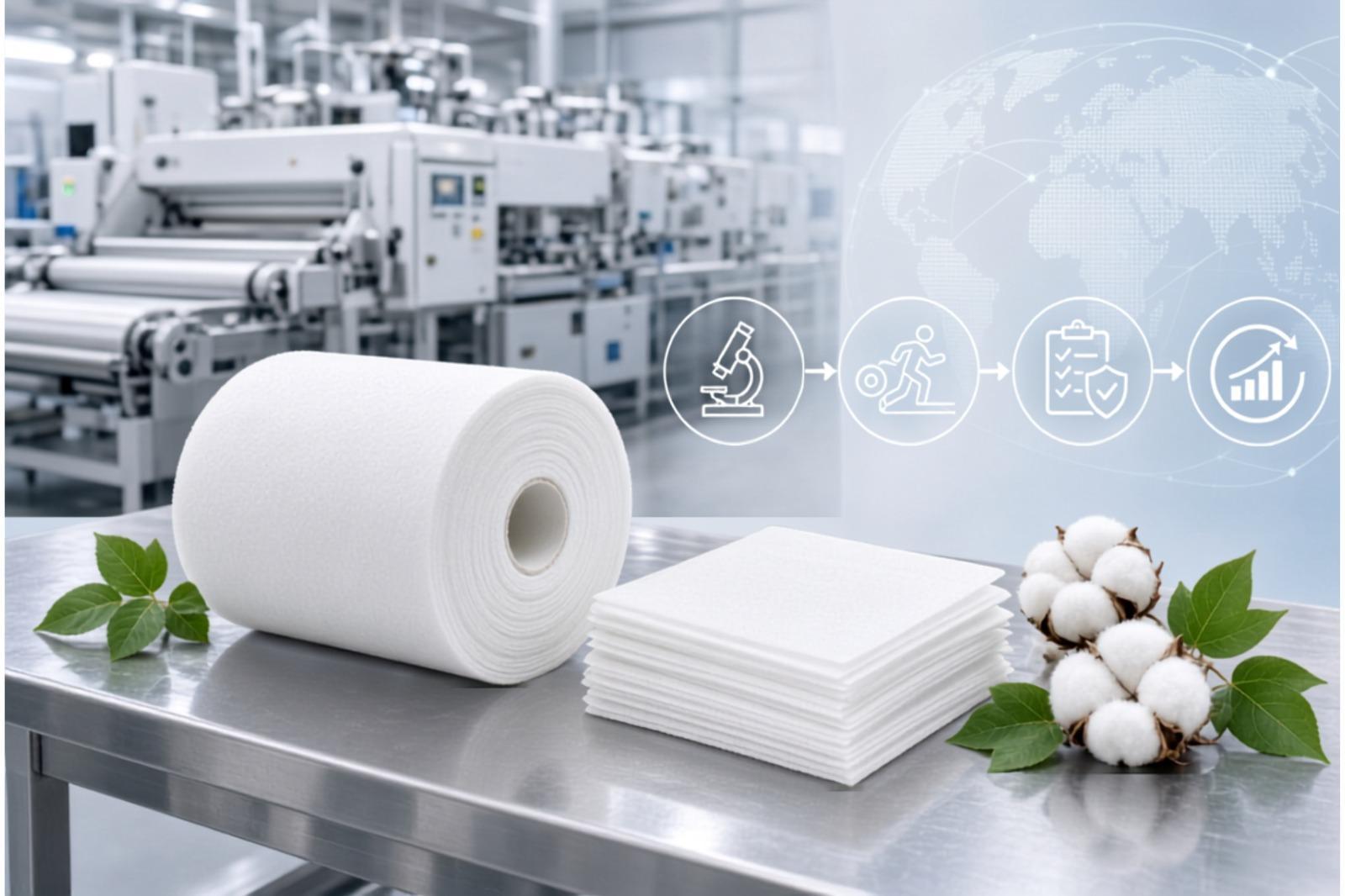 Quality technician validating a nonwoven fabric trial batch before commercial production