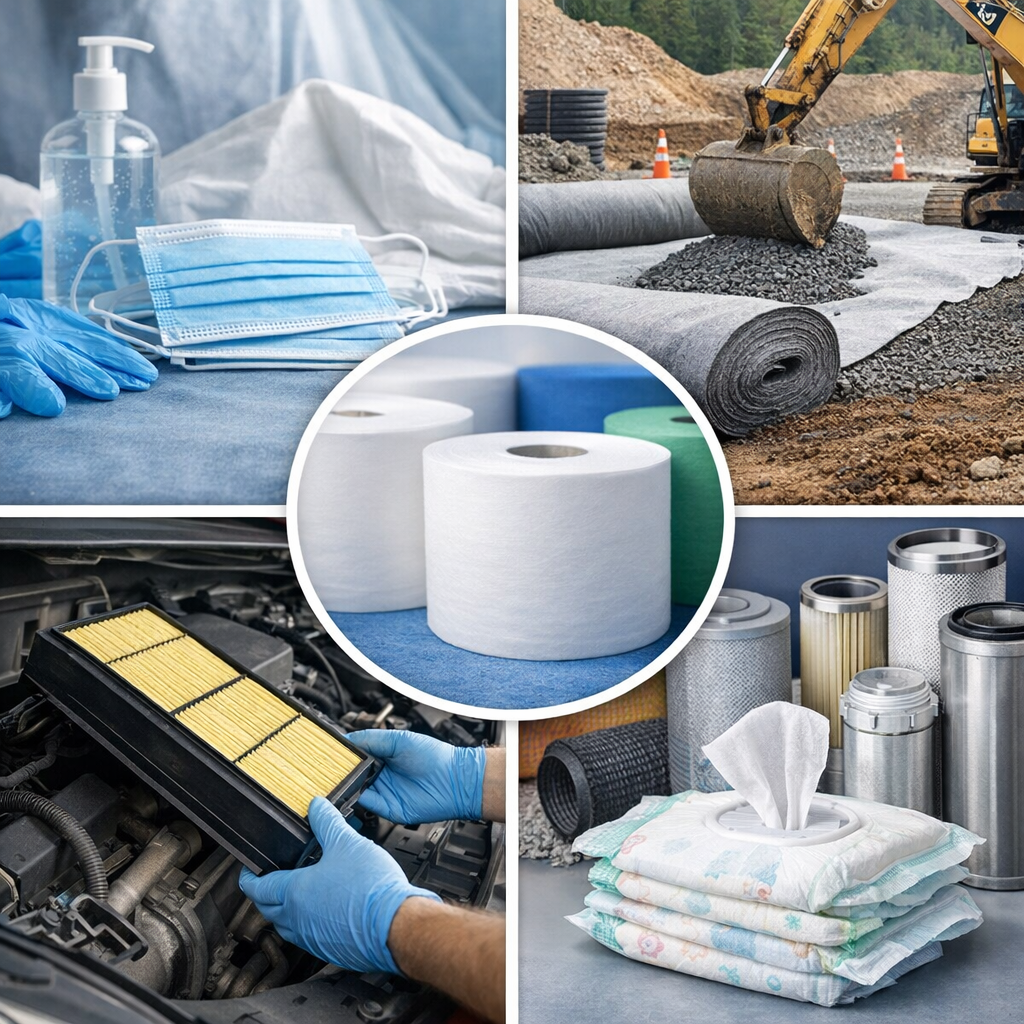 Nonwoven fabric applications across industries including healthcare masks, construction geotextiles, automotive air filters, hygiene products, and industrial filtration materials