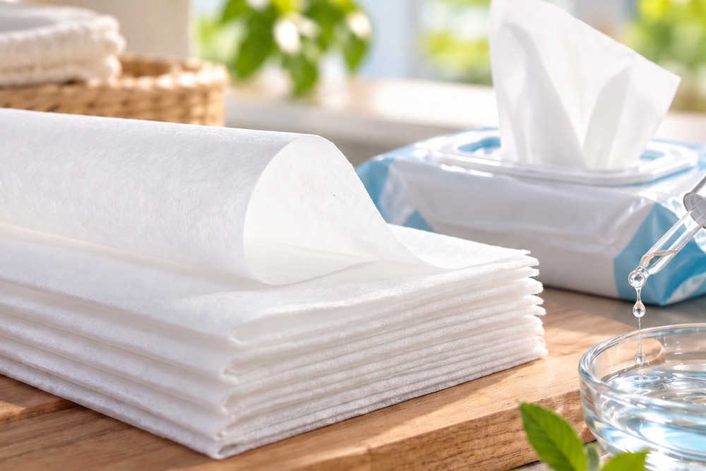 White nonwoven wipes and tissues arranged on a table, with a tissue box, roll of material, water glass, and greenery in the background.