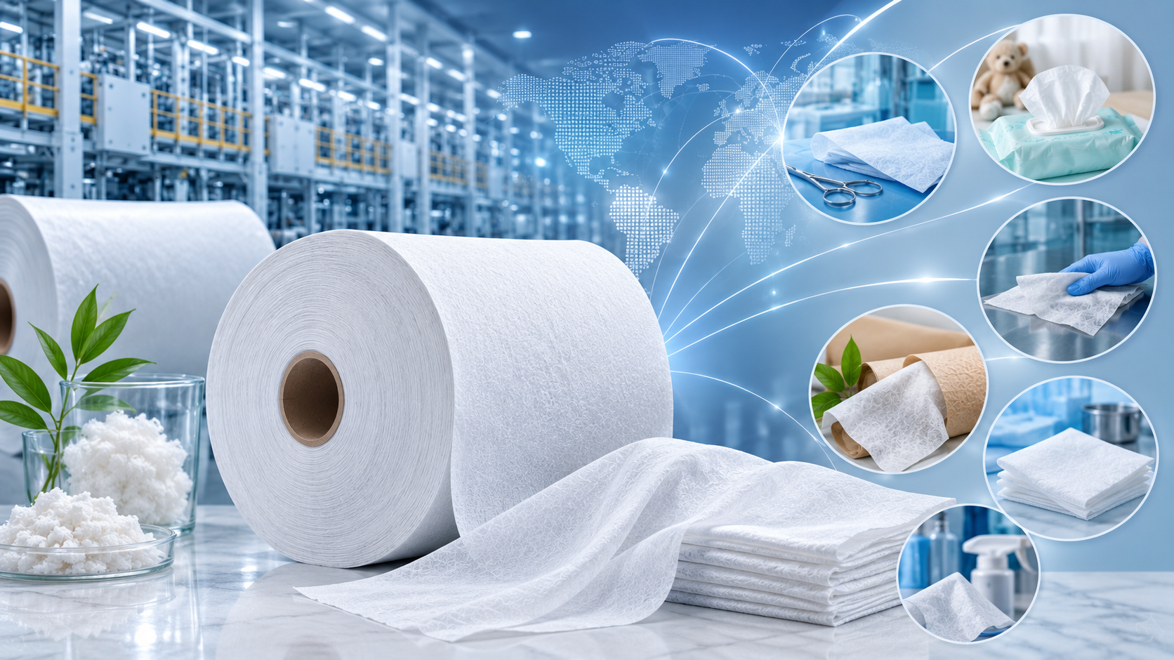 Spunlace nonwoven fabric rolls in a modern manufacturing facility showcasing applications for medical, wet wipes, hygiene, industrial, and sustainable nonwoven products.