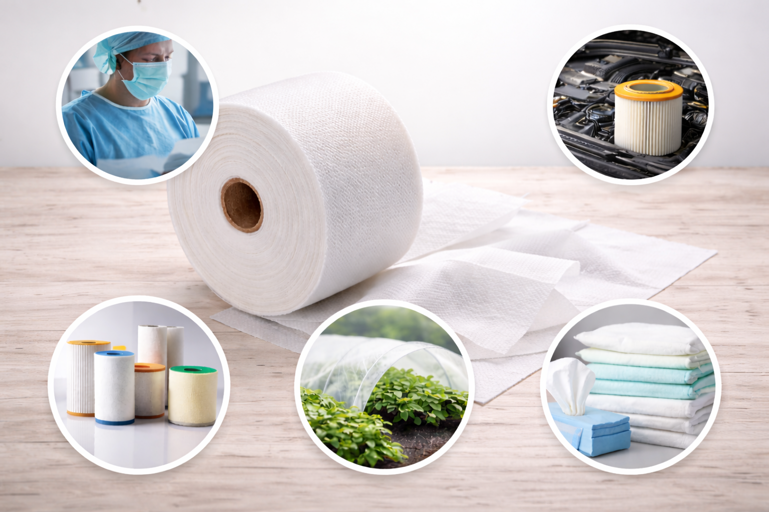 Nonwoven fabric products including face masks, wet wipes, reusable bags, fabric rolls, and agricultural covers displayed in a natural setting.