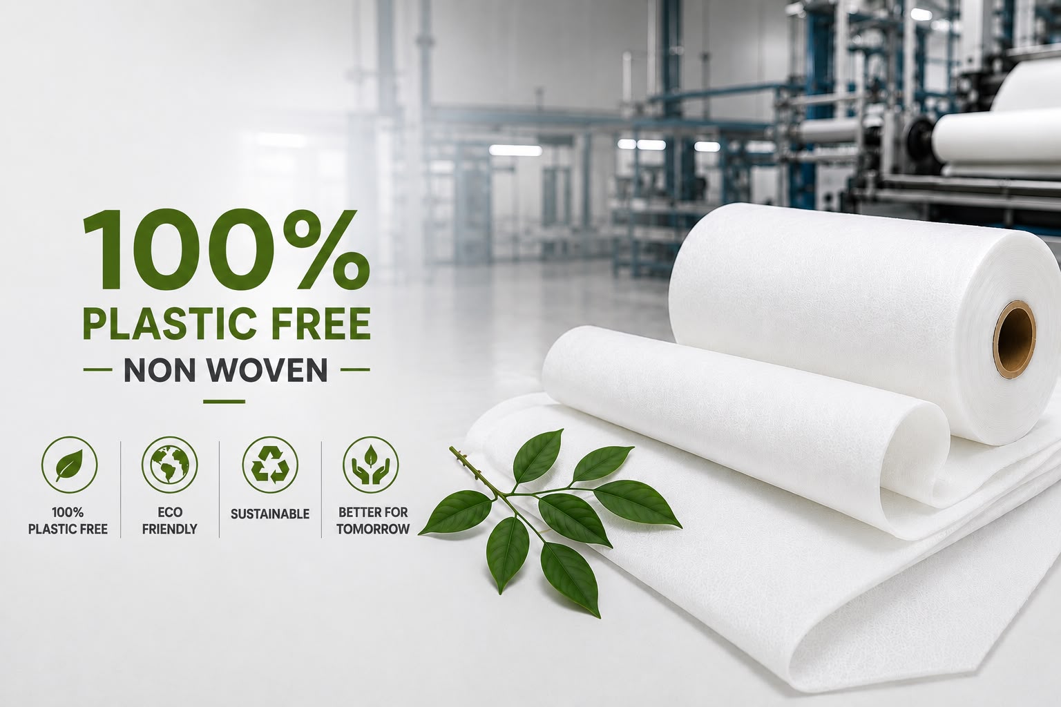 100% plastic-free nonwoven fabric rolls and sheets displayed in a modern manufacturing facility, highlighting sustainable, eco-friendly nonwoven materials.