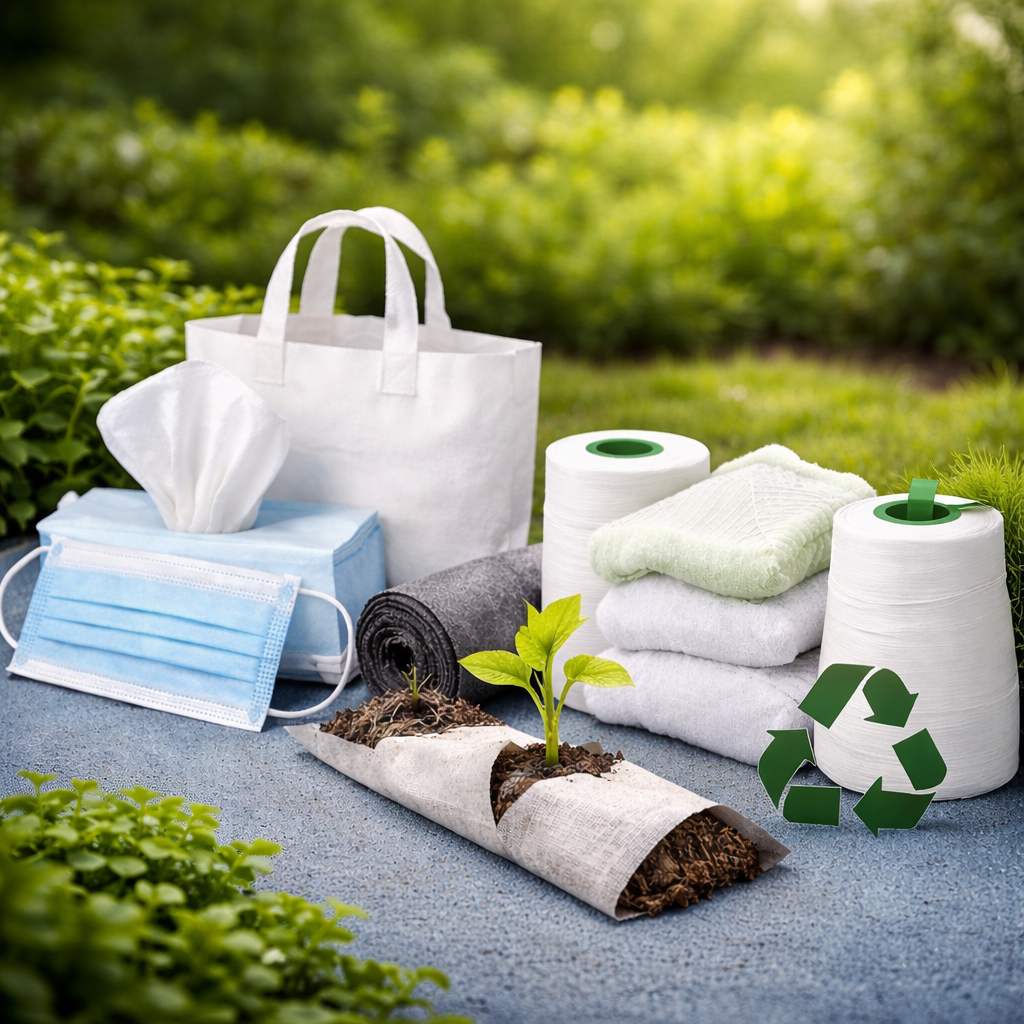 A minimal, product-focused visual highlighting everyday applications of nonwoven fabrics, from hygiene and medical use to reusable bags and sustainable materials. The natural setting reinforces their growing role in practical, lightweight, and environment