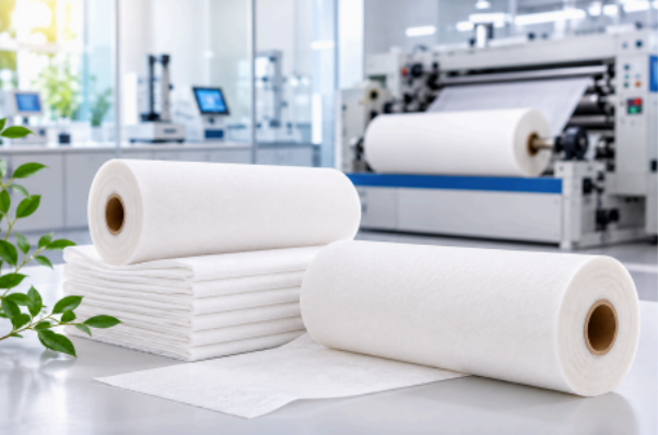 Quality control inspector examining spunlace nonwoven fabric roll at a nonwoven fabric supplier's facility