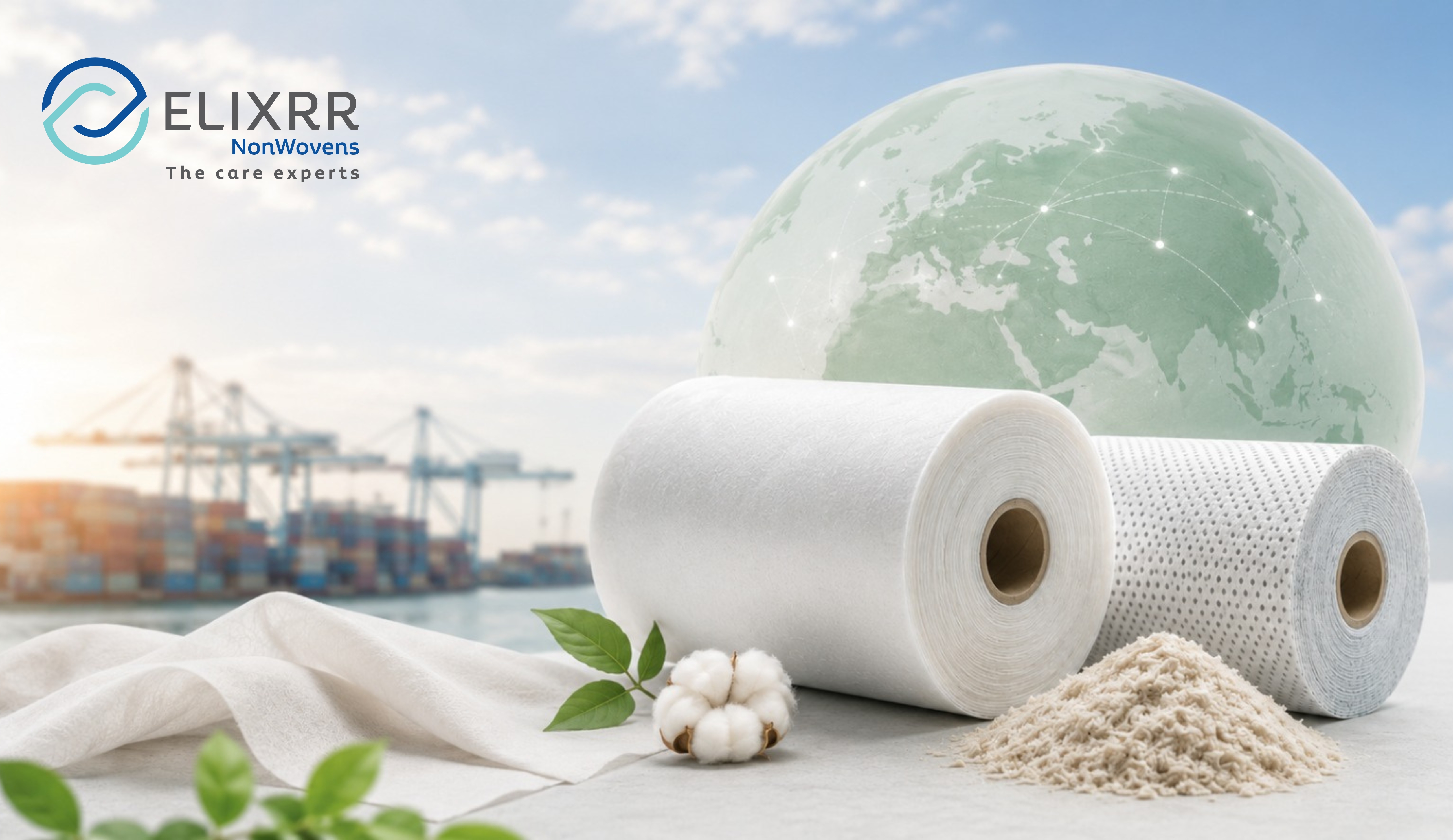 White spunlace nonwoven rolls with sustainable raw materials representing sourcing nonwovens from India for European buyers
