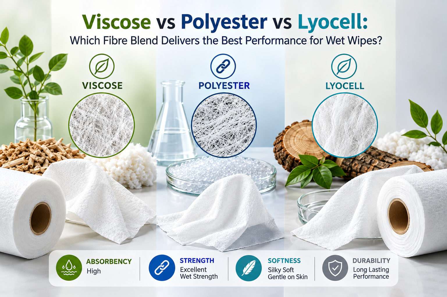 Close-up view of spunlace nonwoven fabric samples made from viscose, polyester, and lyocell for wet wipe applications. 