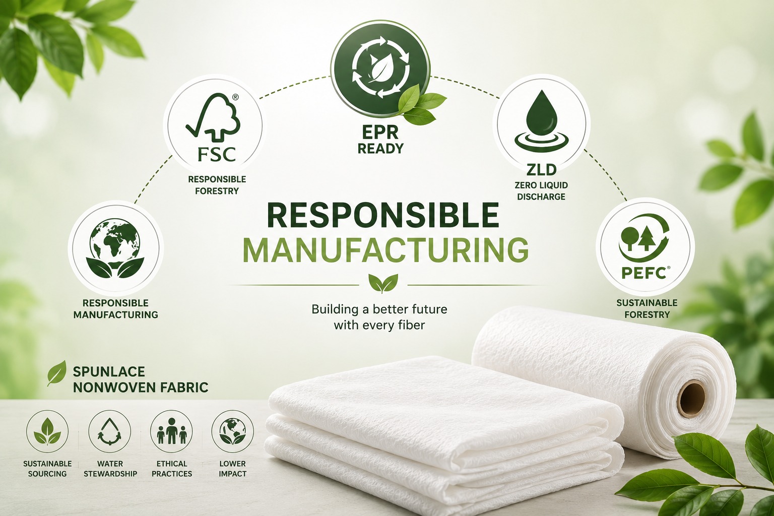 Responsible nonwoven manufacturing featuring FSC, PEFC, ZLD, and EPR-ready sustainable spunlace nonwoven fabric.