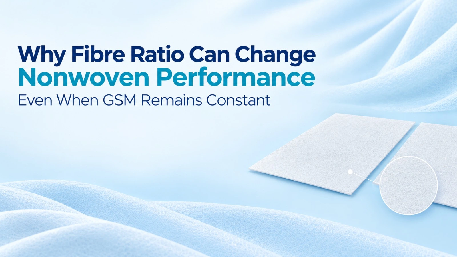 Horizontal infographic explaining how fibre ratio affects nonwoven performance even when GSM remains constant. Features bold navy and teal typography, a soft blue-and-white background with flowing fabric textures, and thin white nonwoven fabric sheets wit