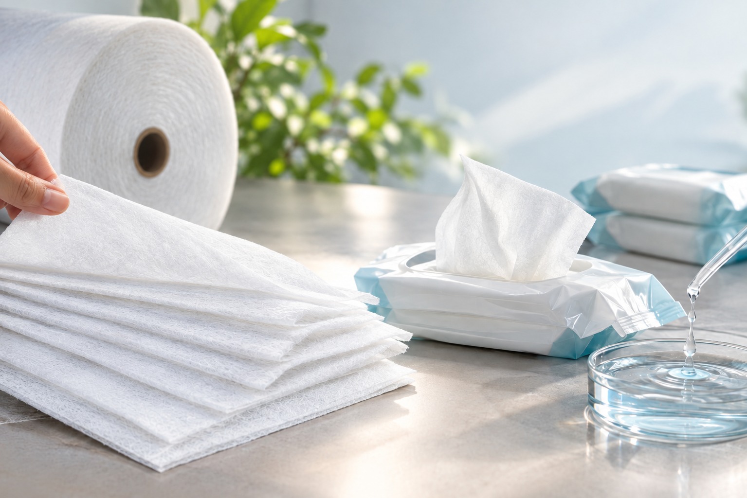 White nonwoven wipes and tissues arranged on a table, with a tissue box, roll of material, water glass, and greenery in the background.